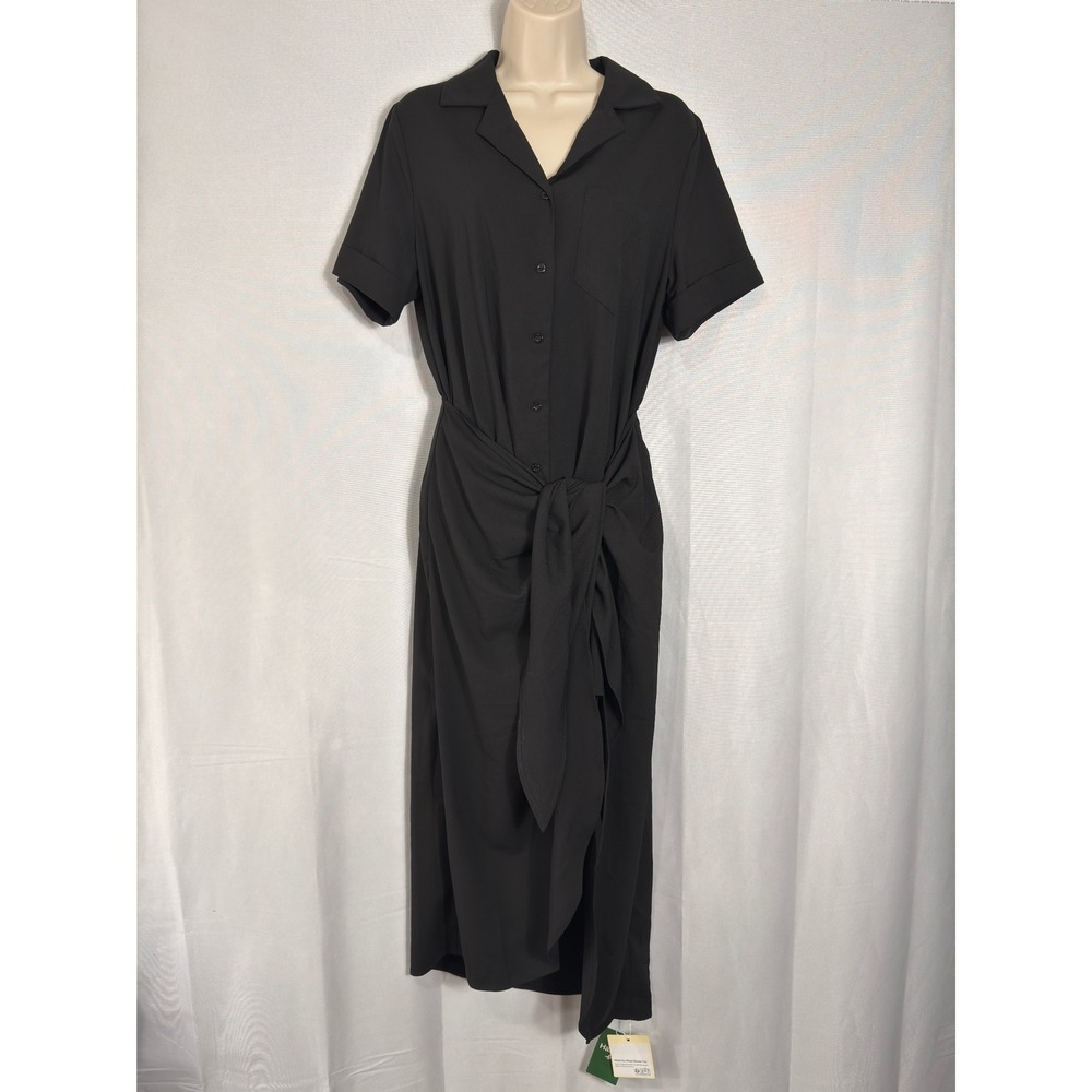 Halara Shirt Dress Medium Front Tie Button Up Short Sleeve Black Womens NWT